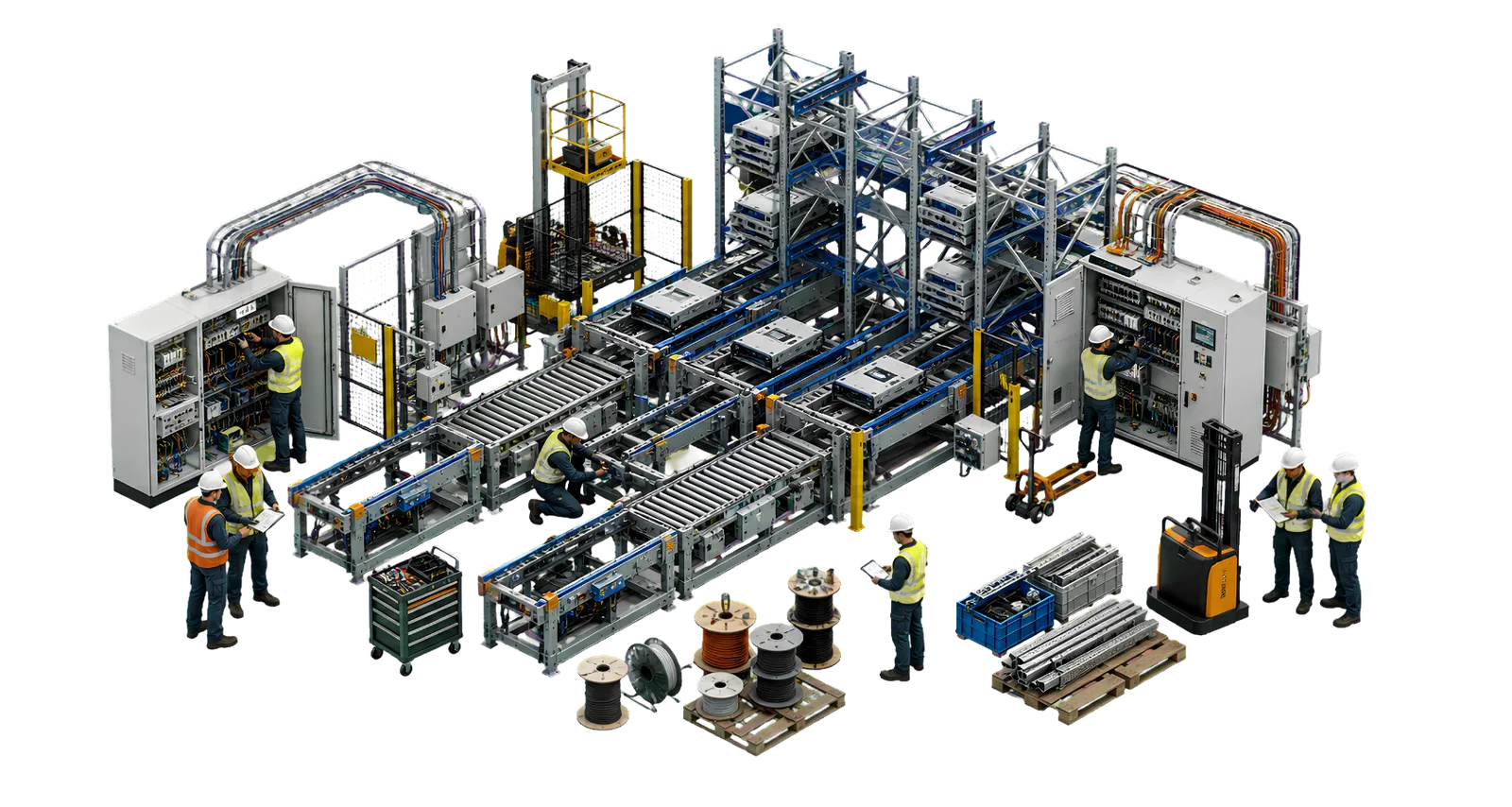 Industriële productielijn met automatisering, besturingskasten en montagepersoneel